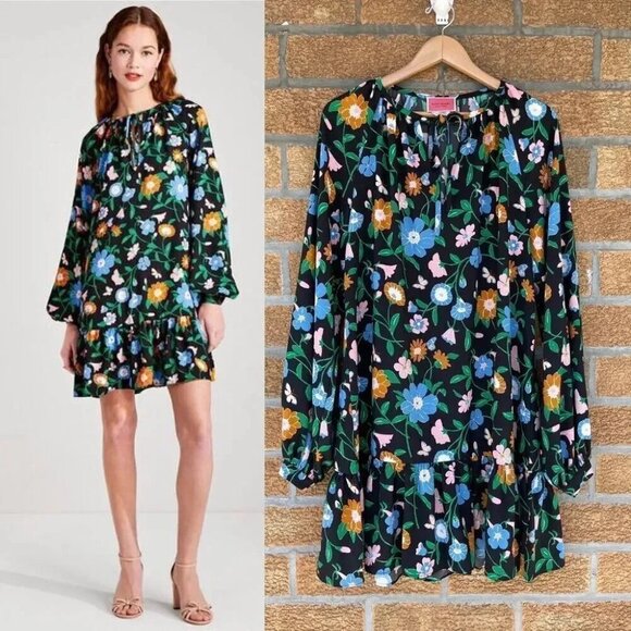 KATE SPADE NEW YORK KATE SPADE Floral Garden Tulip Dress In Black LARGE - Picture 1 of 13